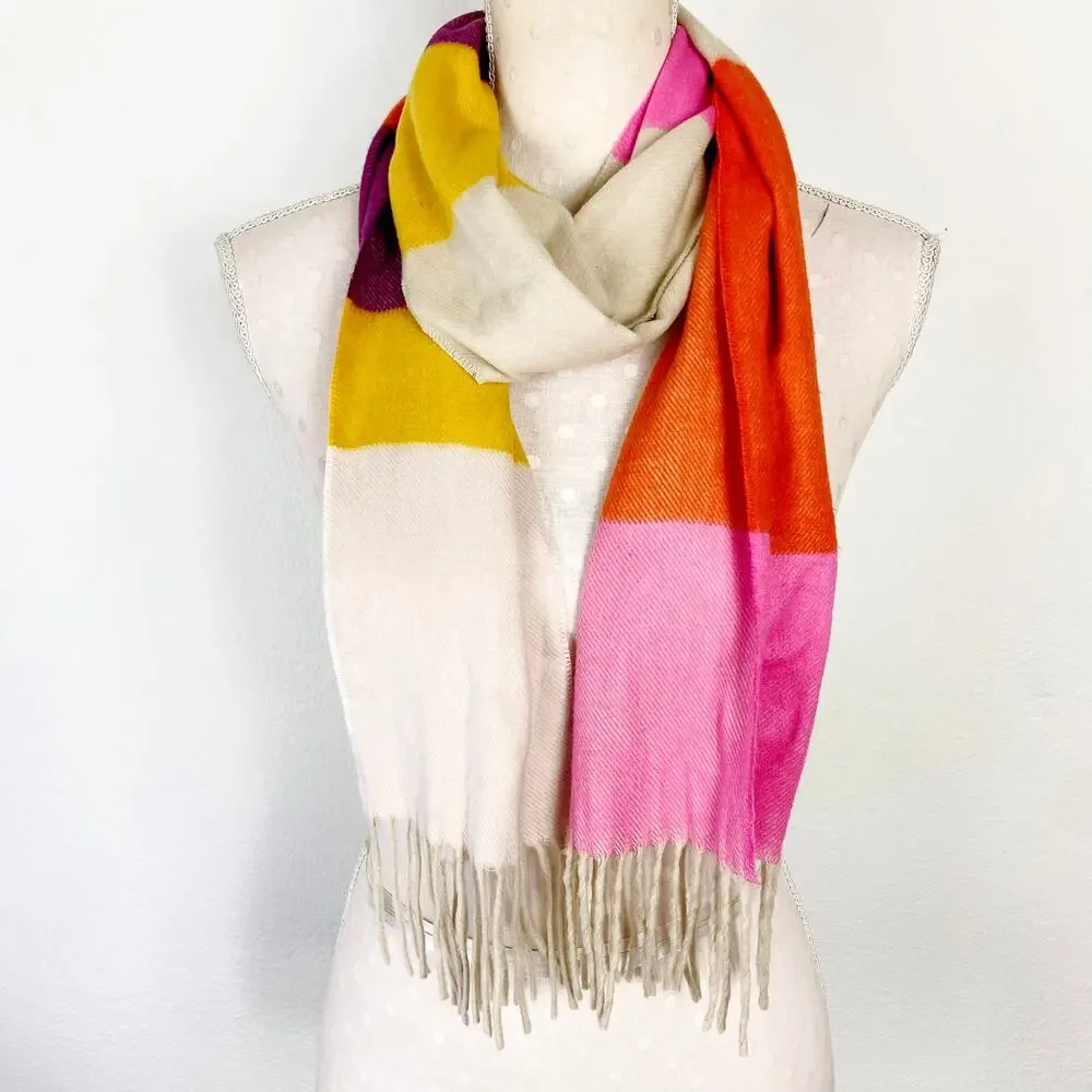 Cashmink Pink Yellow Cream Striped Rectangle Scarf with‎ Fringe Soft